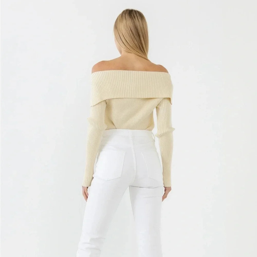NWOT ENDLESS ROSE Ribbed Sweater Off The Shoulder Cream, Size L - Picture 3 of 14